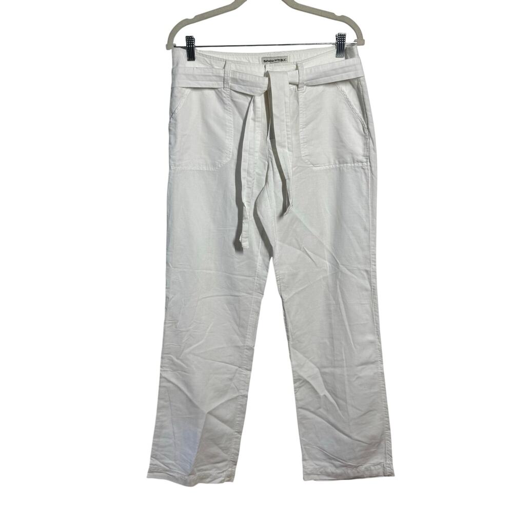Banana Republic Tie Belt Straight Leg Pant Women 8 White Linen Coastal Beach‎